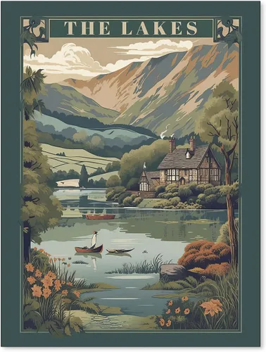 Vista 35 de Póster de paisaje campestre y lago, arte de pared de paisaje de naturaleza otoñal, 08 x 10 pulgadas, marco negro, pintura al óleo vintage de otoño