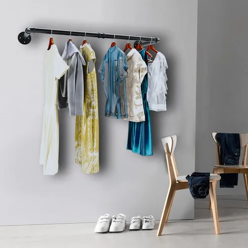 Vista 3 de Perchero industrial de tubería, resistente y desmontable, para colgar en la pared, barra de ropa rústica para ahorrar espacio, barra multiusos