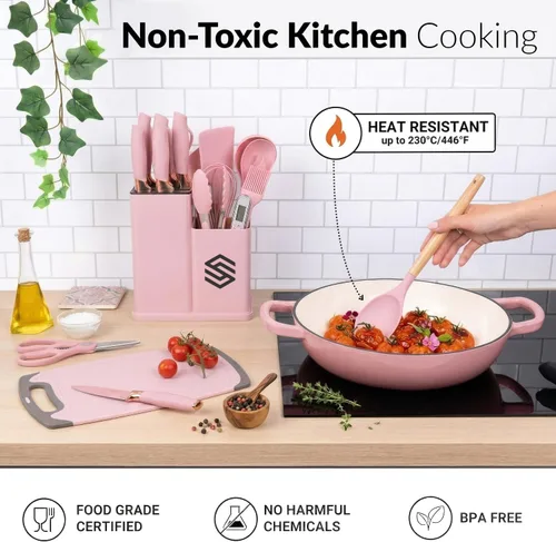 Vista 3 de 19 piezas de juego de utensilios de cocina de silicona rosa con mango de madera y juego de cuchillos, espátula antiadherente resistente al calor