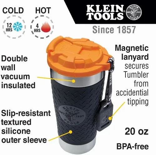 Vista 2 de Klein Tools 55580 - Vaso de acero inoxidable con tapa abatible, taza de vacío de doble pared de 20 oz para comerciantes, con funda antideslizante