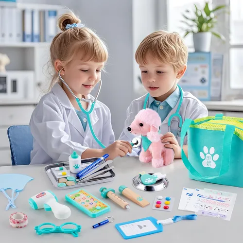 Vista 8 de Sundaymot Kit de Doctor para Niños, 37 piezas de juguetes de jugar al Doctor, kit de Doctor para niños pequeños de 3 a 5 años, con juguete de perro