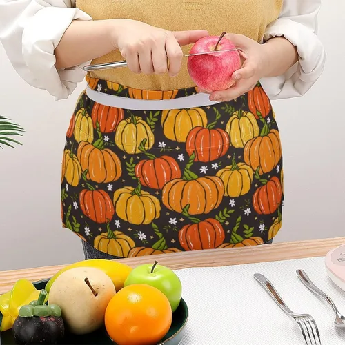 Vista 4 de HappyThanksgiving - Delantal de cintura con patrón de calabaza y otoño, con 3 bolsillos, medio corto, para camarero, restaurante, cocina, babero