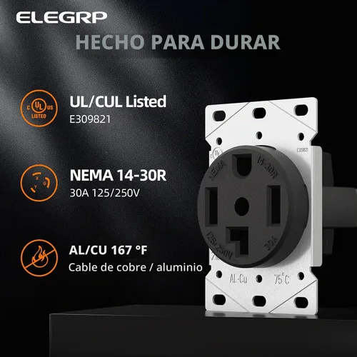 Vista 3 de ELEGRP Toma de corriente de secadora de 30 amperios 125/250 V, toma de corriente de montaje empotrado, NEMA 14-30R, receptáculo de secadora de hoja