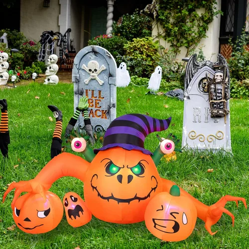 Vista 6 de Decoraciones inflables de Halloween de 8 pies de largo, decoraciones de calabaza con luces LED integradas, linterna inflable para interiores