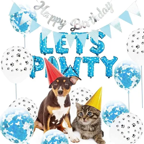Vista 2 de Suministros para fiesta de cumpleaños de perro y gato, globos con estampado de patas, globos de lentejuelas, pancarta de feliz cumpleaños Azul