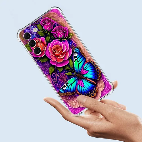 Vista 3 de Funda para Galaxy S22 Plus, protección contra caídas de rosas y mariposas azules, a prueba de golpes, de cuerpo completo, resistente a los arañazos
