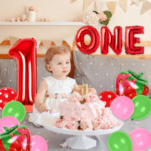 Vista 4 de Whaline 30 piezas de decoración de primer cumpleaños de fresa, globos número uno, letras UNO, globos de fresa, globos rosados y verdes para bayas