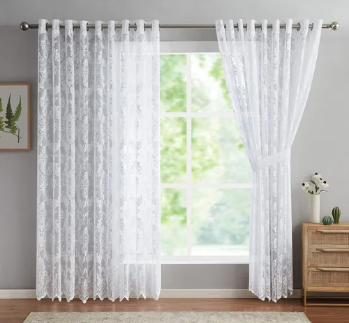 Vista 6 de LinenZone Par de 2 paneles de cortina de encaje de punto con parte inferior festoneada. Elegantes cortinas de encaje de granja para sala de estar