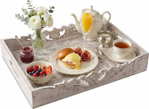 Vista 9 de Mela Artisans Bandeja para servir de madera de mango de 16 x 12 x 2.5 pulgadas con asas, dorado envejecido florecido, tabla de servir de madera