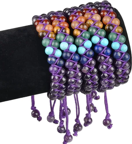 Vista 3 de MASSIVE BEADS Pulsera de macramé con cristales naturales para curación de chakras, cuentas de piedra de doble capa, piedras preciosas