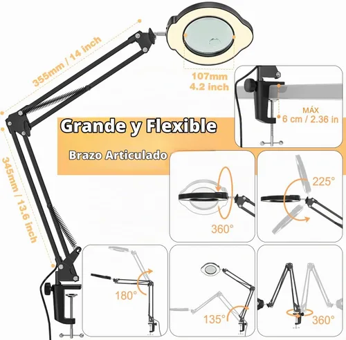 Vista 8 de Lupa con luz y abrazadera, lámpara de aumento de escritorio de 15X 10X, lupa de lente de cristal real de 84 LED, 5 modos de color regulable sin