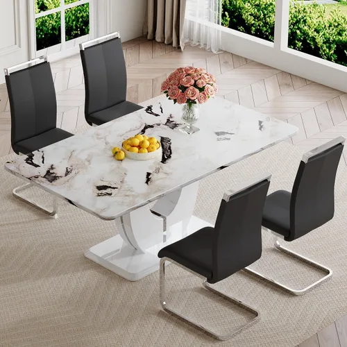 Vista 36 de JUFU Juego de mesa de comedor moderno para 4, juego de mesa de cocina rectangular de 63 pulgadas con mesa de mármol sintético y 4 sillas tapizadas