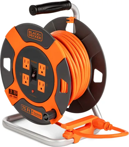 Vista 8 de BLACK+DECKER Carrete de cable de extensión retráctil de 50 pies con 4 tomas, extensión de enchufe múltiple, rebobinado de fácil mango y cable SJTW