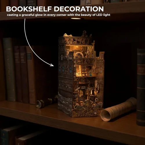 Vista 4 de Dreams Delivery - Kit de rincón de libro, barco pirata de 172 piezas, kit de casa en miniatura LED para bricolaje, rompecabezas de madera 3D, kit