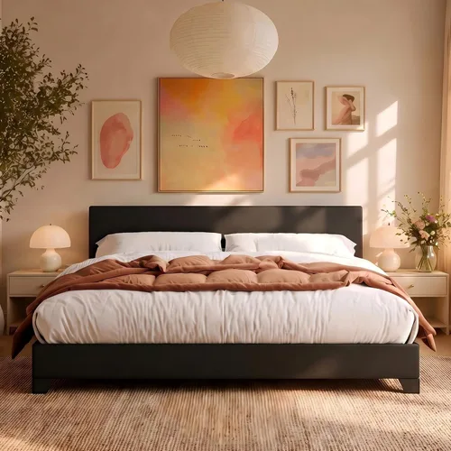 Vista 12 de Allewie Base de cama tamaño matrimonial con cabecera ajustable, cama tapizada con plataforma y listones de madera, base de colchón resistente,