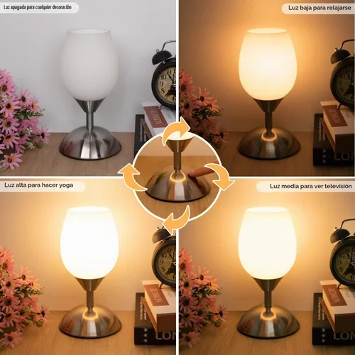 Vista 4 de Lámpara táctil pequeña para mesita de noche de dormitorio, lámparas de noche regulables de 3 vías, lámpara de escritorio de vidrio opal, base