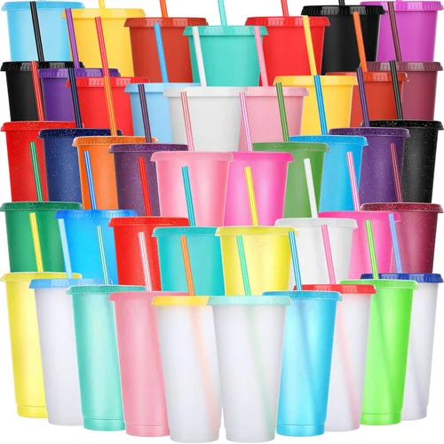 Vista 13 de Honeydak Paquete de 60 vasos con popote y tapa, vasos a granel para regalos, tazas de café de plástico con purpurina de 24 a 27 onzas, botella