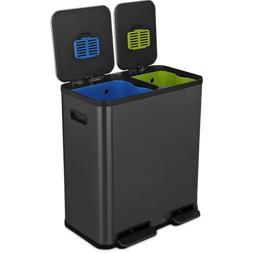 Vista 13 de Cubo de basura rectangular de 70 litros/18.5 galones con pedal, sin contacto manual, doble compartimento para reciclaje de cocina, con tapa Acero