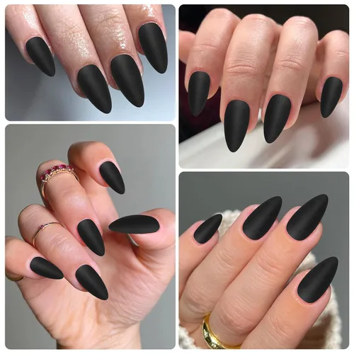 Vista 6 de 240 uñas postizas a presión con diseño de almendra de longitud media, uñas negras mates con diseño de almendra, puntas de uñas postizas cortas