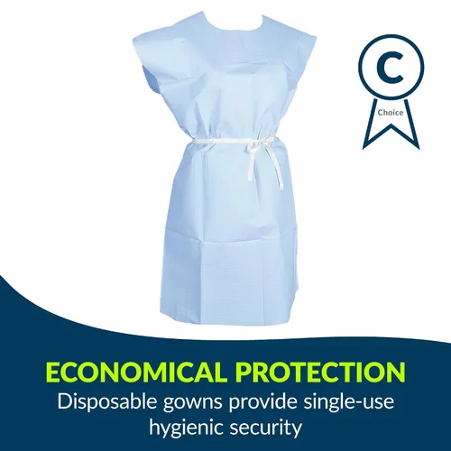 Vista 6 de TIDI Choice Gowns, azul (paquete de 50) – Tejido/poliéster/tejido – espalda abierta, lazo en la cintura, vestidos médicos de manga corta – Vestidos
