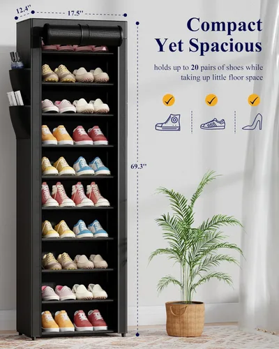 Vista 3 de Kitsure Zapatero – Estante organizador de zapatos de gran capacidad de 10 niveles con cubierta antipolvo y bolsillos laterales, zapatero de metal a