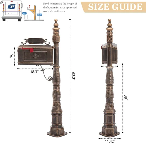 Vista 6 de Buzón decorativo moderno de Barcelona con poste, buzón de aluminio fundido resistente Stratford para exterior, buzón grande bronce