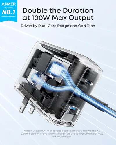 Vista 2 de Anker Cargador USB C máximo de 100 W, cargador de teléfono GaN de 3 puertos Gris-oscuro