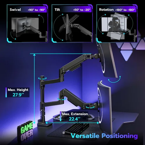 Vista 4 de ARES WING Soporte de escritorio con brazo de doble monitor para monitores ultraanchos de 17 a 49 pulgadas, soporte de monitor doble resistente