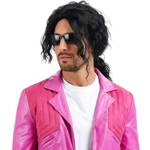 Vista 2 de Peluca negra para hombre con cola de caballo larga estilo Rockstar Negro (Natural Black)