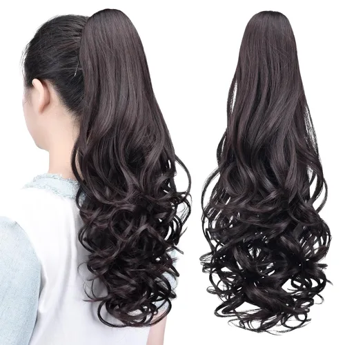Vista 71 de Extensiones de cola de caballo, extensiones de cabello de cola de caballo con clip de garra marrón oscuro para mujer, pieza de cabello rizado