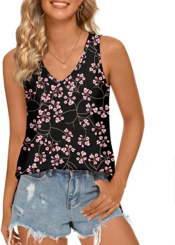 Vista 2 de LONGYUAN - Camisetas sin mangas de verano para mujer con diseño casual y holgado, blusa tipo túnica con cuello en V y aberturas laterales