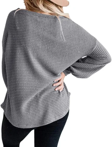 Vista 4 de Merokeety Suéter para mujer con mangas largas globo, tejido de punto gofre, holgado, cuello redondo, sin botones