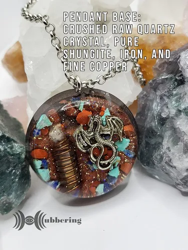Vista 4 de Hubbering Dragon Angel Quartz Copper Wrapped Power Packed Crystal With Mixed Stones Disk Orgone Pendant - Unique Handcrafted Orgonite