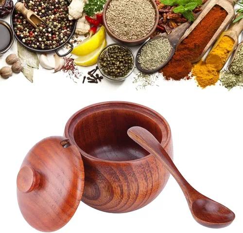 Vista 6 de Olla de especias de madera, bodega de sal de madera natural con tapa y cuchara, contenedor de azúcar, tarro de especias vintage, recipiente