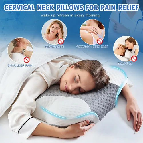 Vista 7 de Almohadas cervicales para el cuello para dormir de lado, paquete de 2 almohadas cervicales para aliviar el dolor, almohadas de espuma viscoelástica