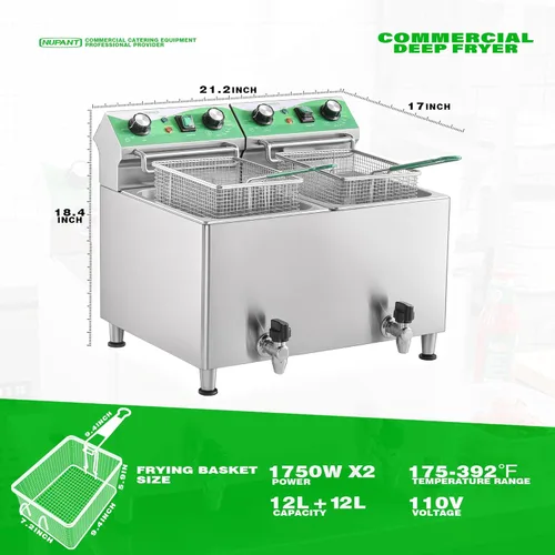 Vista 6 de NUPANT Freidora comercial de 25.3 cuartos de galón / 24 litros con filtración de aceite y temporizador, freidora eléctrica con 2 cestas y tapas