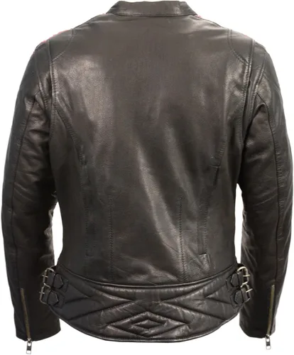 Vista 2 de Chaqueta de cuero negro para mujer con brazo arrugado DETALILIING
