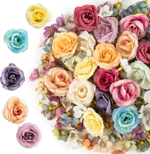 Vista 17 de Framendino, Paquete de 50 cabezas de flores artificiales, mini flores artificiales de seda, margaritas pequeñas, multicolor, para boda, hogar