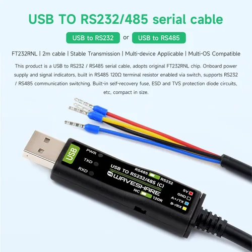 Vista 3 de Wavesahre - Cable USB a serie RS232/485, chip FT232RNL original, compatible con Mac, Linux, Android, Win11/10/8.1/8/7, indicadores de alimentación