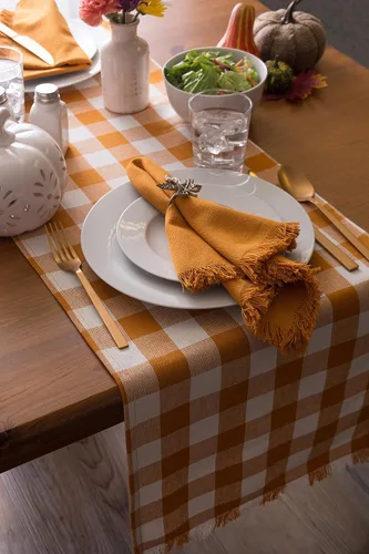 Vista 6 de DII - Colección de mesa con flecos pesados y cuadros, camino de mesa, 14x72 pulgadas, calabaza y especias Naranja