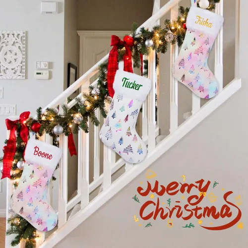 Vista 6 de Medias de Navidad personalizadas, 18 medias de Navidad grandes y coloridas para niños, medias grandes de piel sintética personalizadas, medias