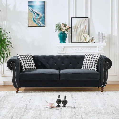 Vista 15 de Juego de 2 sofás de terciopelo negro moderno de mediados de siglo, sofá y sofá biplaza con botones copetudos, muebles para la sala, cómodo sofá Azul