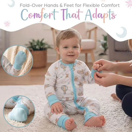 Vista 8 de Pijama de viscosa de bambú con cremallera de 2 vías para cambio de pañal, 0 a 24 meses, suave y elástico, paquete de 2 Oso azul
