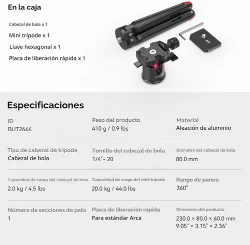 Vista 6 de SmallRig Mini trípode para cámara, trípode de mesa de escritorio actualizado con placa QR compatible con tipo Arca, cabezal de bola de 360°