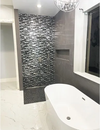 Vista 7 de Blujellyfish Azulejos de Vidrio y Metal Arte Mosaico Seda Negro Cristal Vidrio Cromo Plata Acero Pared de Acento Borde Cocina Baño Backsplash
