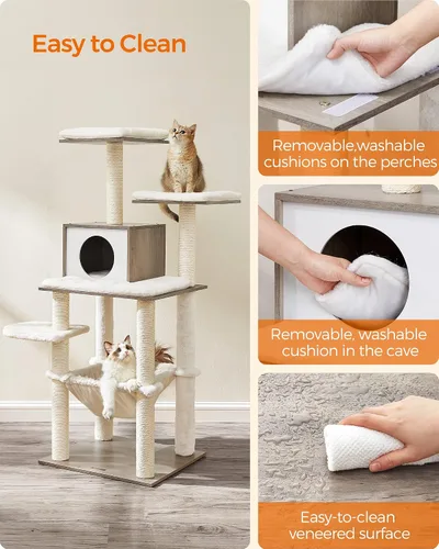 Vista 3 de Feandrea Árbol para gatos, torre moderna de 54.3 pulgadas para gatos de interior, condominio para gatos de varios niveles, felpa ultrasuave, postes