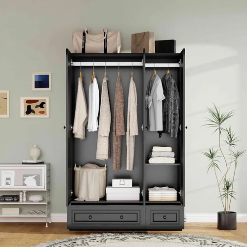 Vista 3 de Armario de dormitorio con cajones: armario de madera de 74 pulgadas con 3 puertas, armarios negros con 2 cajones, armario alto con estantes y ropa