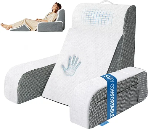 Vista 10 de Kayfia Almohada de lectura, almohada de espalda 10 en 1 para cama sentada con reposabrazos desmontable, almohada de respaldo con espuma