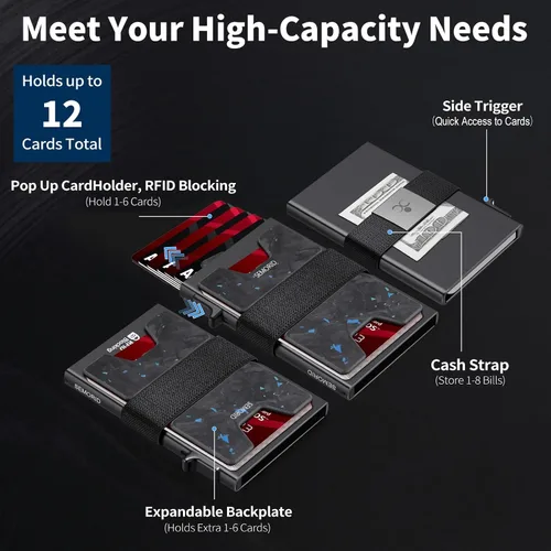 Vista 86 de Cartera delgada de aluminio para hombre, placa trasera expandible duradera, bloqueo RFID, billetera desplegable de metal minimalista, con capacidad