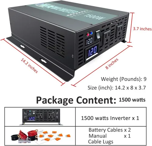 Vista 5 de WZRELB Inversor solar de onda sinusoidal pura de 1500 W, 24 V CC a 120 V CA, inversor de corriente fuera de la red para camping RV